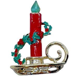 Vintage Christmas Candle Brooch Pin Jewelry Holly Enamel Green Flame Holidays